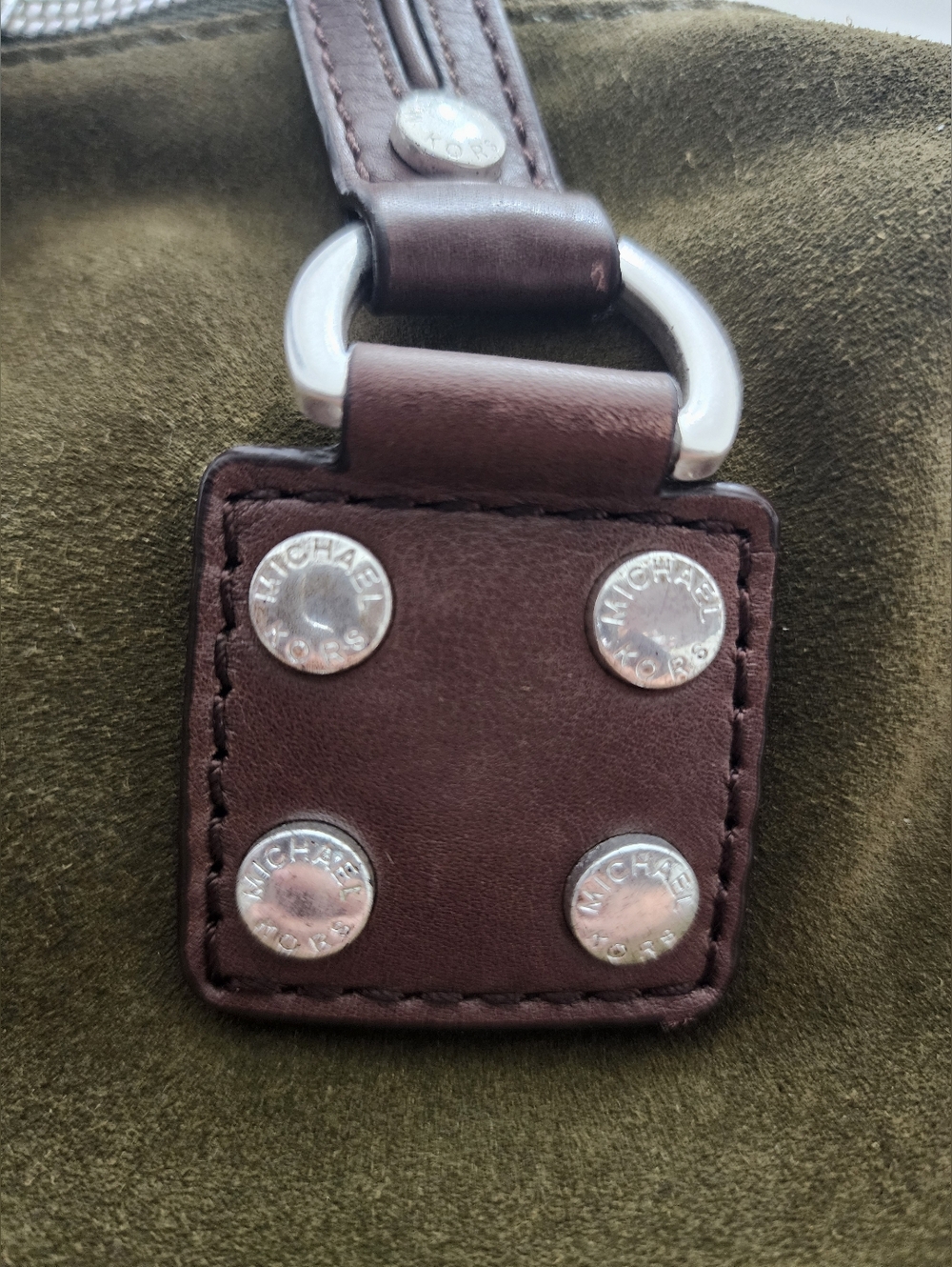 Michael Kors Olive Green Suede Silver Studded Handbag Astor Collection - Picture 6 of 13